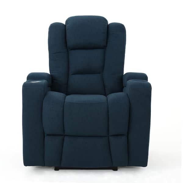 Noble House Emersyn Navy Blue Fabric Motor-Powered Recliner with Arm Storage and USB Port