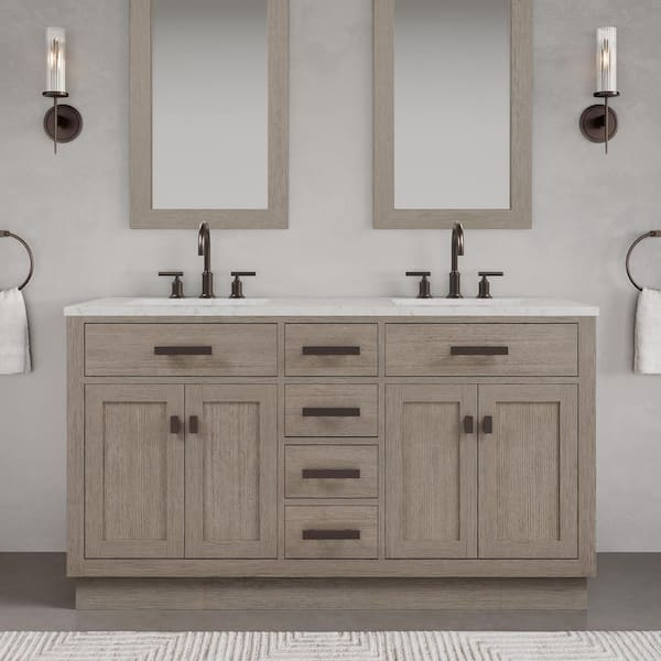 Chestnut 60 in. W x 21.5 in. D x 34.2 in. H Double Sink Bath Vanity in Grey Oak with Carrara White Marble Top
