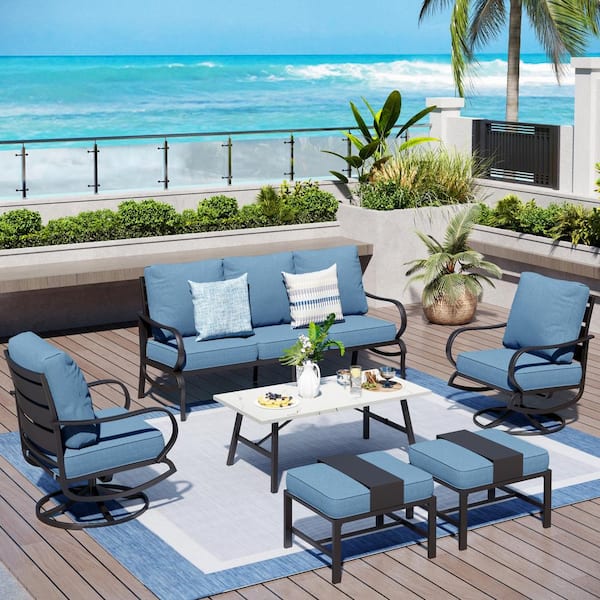 PHI VILLA Metal Slatted 7-Seat 6-Piece Outdoor Patio Conversation Set with Denim Blue Cushions and Table with Marble Pattern Top