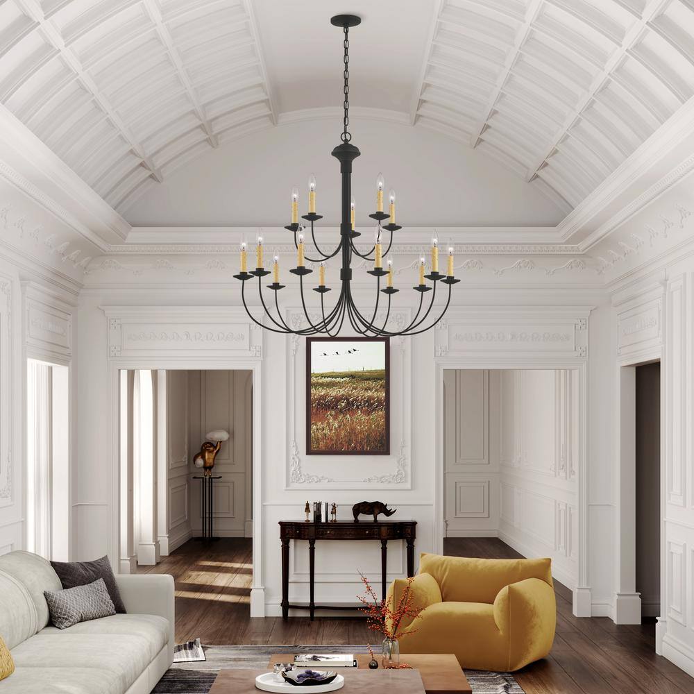 Sleek Black Steel 15-Light Candelabra Chandelier