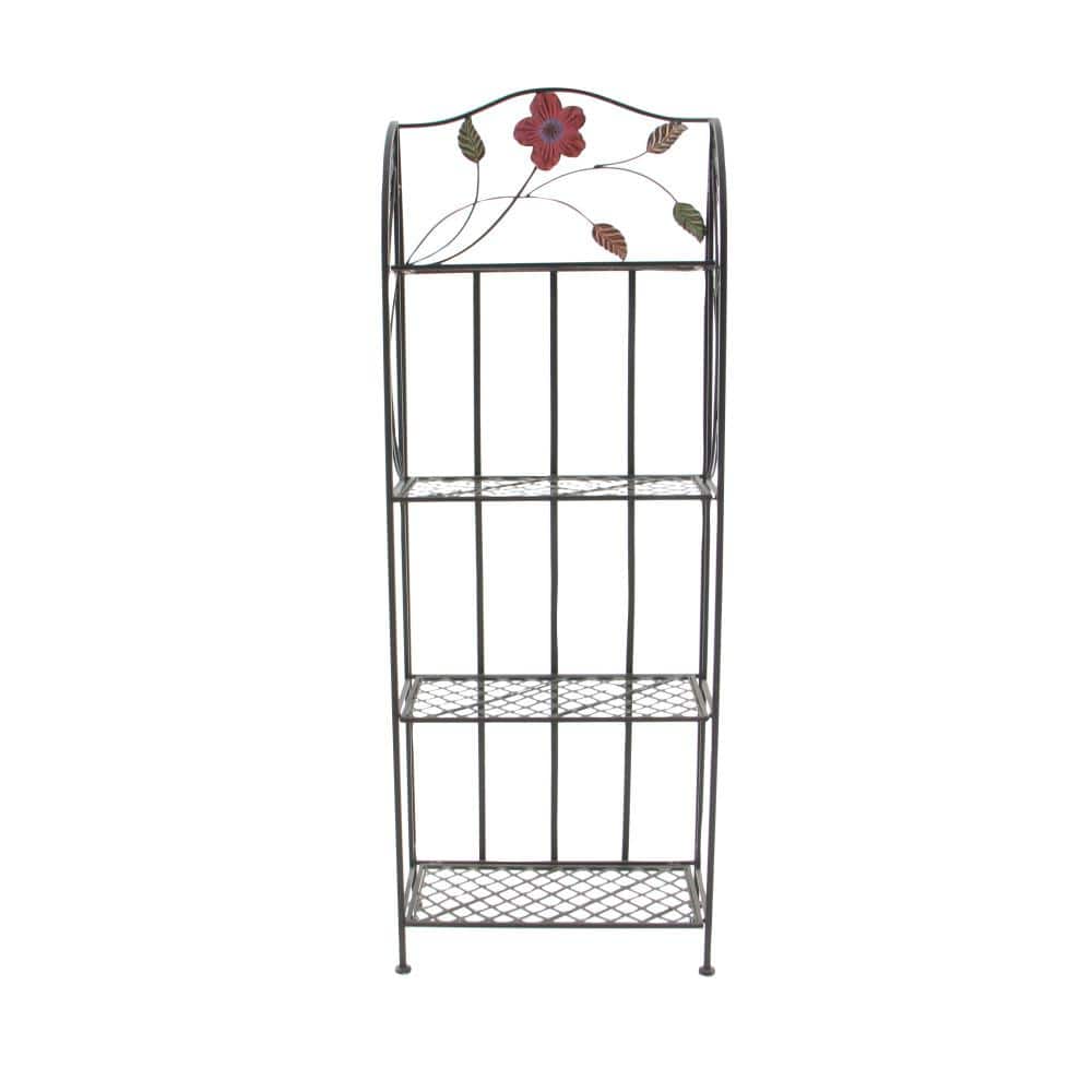 Black Metal Floral Tall Folding Bakers Rack with 4 Shelves