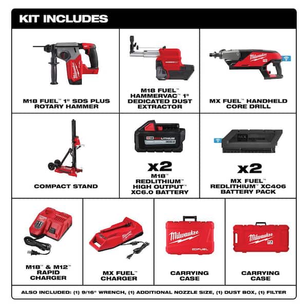 MX FUEL Lithium-Ion Cordless Handheld Core Drill Kit with M18 FUEL 1 in. SDS-Plus Rotary Hammer/Dust Extractor Kit