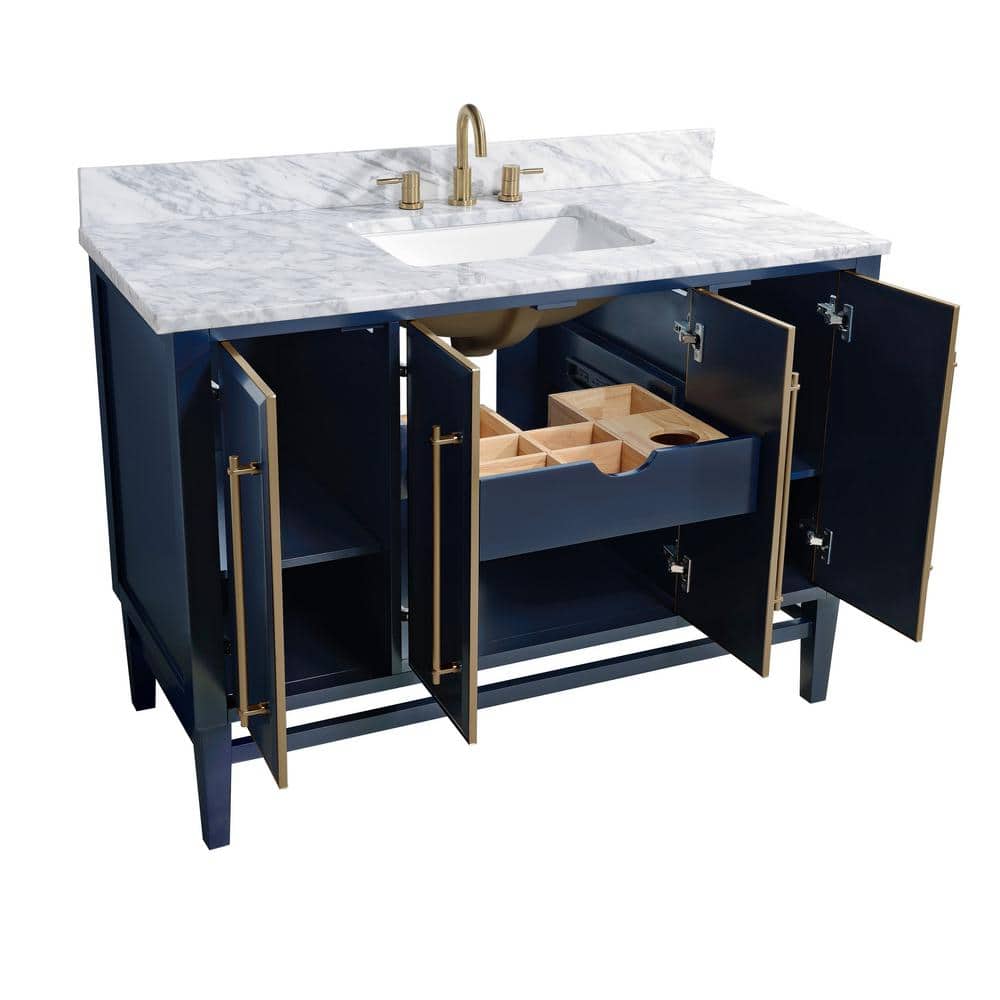 Navy Blue and Gold 48" Solid Wood Vanity with Marble Top