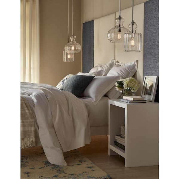 Riviera 13.75 in. 1-Light Brushed Nickel Transitional Shaded Kitchen Pendant Hanging Light with Clear Ribbed Glass