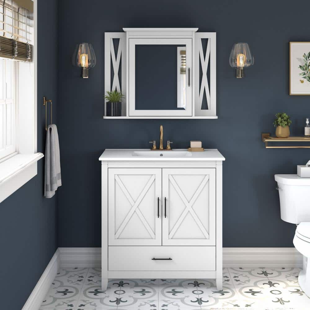 White Ash Engineered Wood Bathroom Vanity Sink with Mirror
