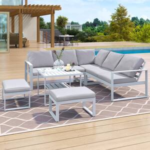 6-Piece Gray Steel Outdoor Patio Conversation Sofa and Table Set With Gray Cushions