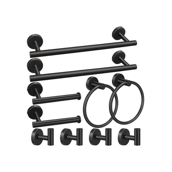 10-Piece Bathroom Hardware Set with Towel Bars Toilet Paper Holders Towel Rings Robe Hooks in Matte Black Finish