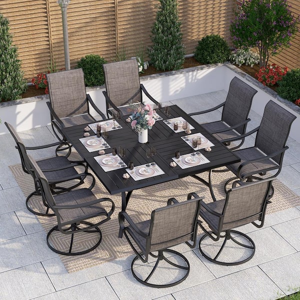 PHI VILLA Black 9-Piece Metal Outdoor Patio Dining Set with Slat Square Table and Padded Textilene Swivel Chairs