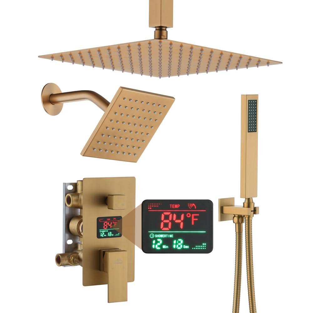 Brushed Gold Digital Display Dual Shower Head System