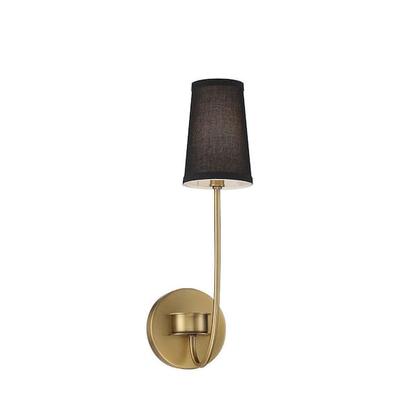 TUXEDO PARK LIGHTING 5.125 in. W x 17.25 in. H 1-Light Natural Brass Wall Sconce with a Black Fabric Shade