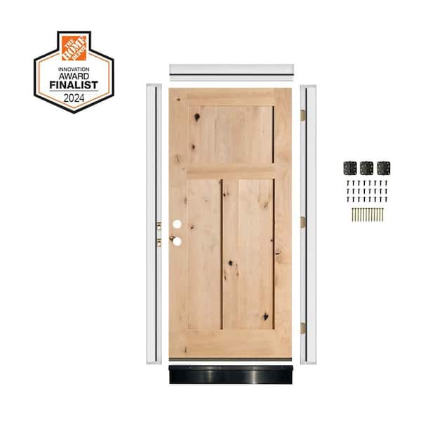 DIY 36 in. x 80 in. Rustic Knotty Alder 3-Panel Right-Hand Unfinished Wood Front Door Kit w/ Quick Assemble Jamb
