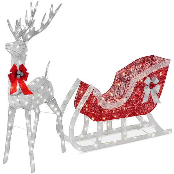 48 in. Silver LED Outdoor Reindeer Sleigh Christmas Decoration with 205 Lights and Stakes