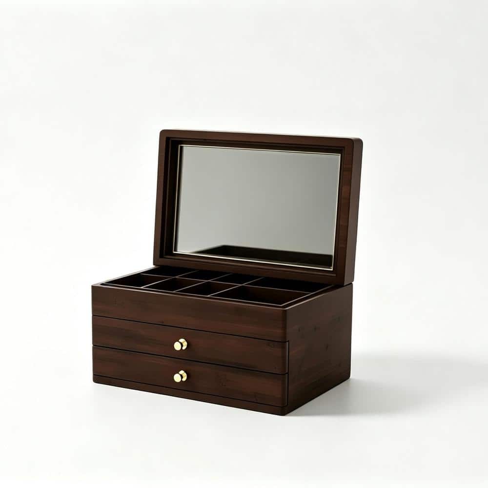 Dark Bamboo Jewelry Box with Lid Mirror, 3-Layer Large Capacity Jewelry Storage Organizer with Divided Top Compartment