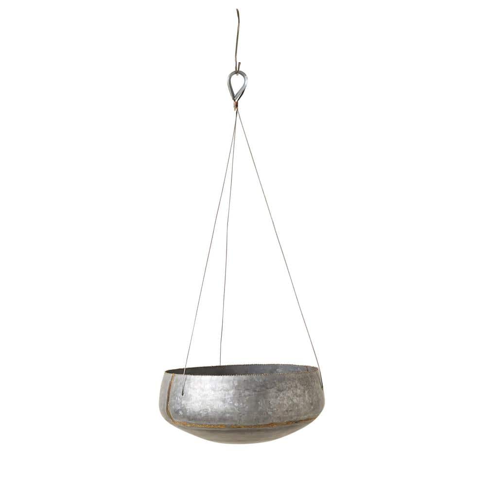 Round Galvanized Metal Hanging Planter with Gold Accents