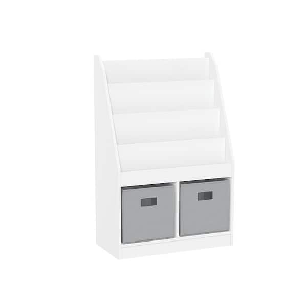23.5 in. Wide White Kids Bookshelf and Toy Organizer with 4 Bookracks and 2-Cubbies with 2-Gray Fabric Bins
