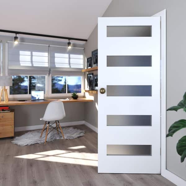 24 in. x 80 in. 5 Lite Wood Satin Glass Primed Solid Core MDF Interior Door Slab