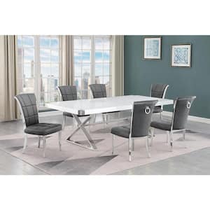 Miguel 7-Piece Rectangle White Wood Top Silver Stainless Steel Dining Set with 6 Dark Grey Velvet Chairs