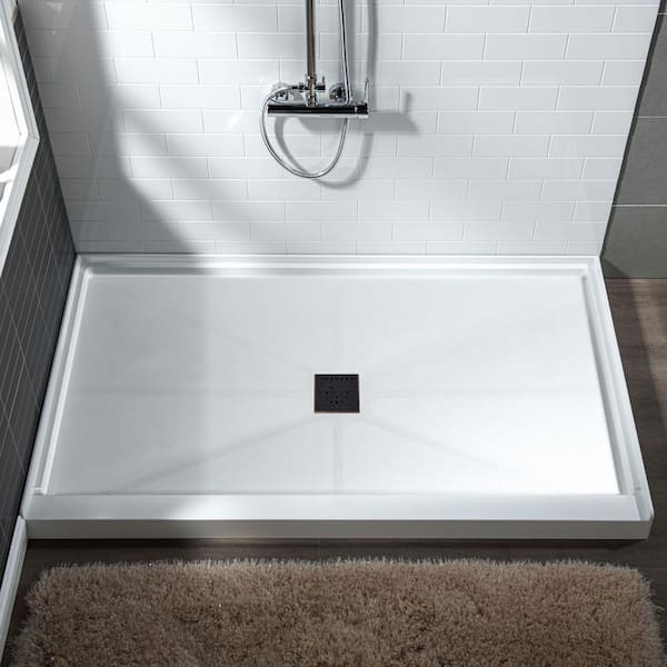 WOODBRIDGE Krasik 60 in. L x 30 in. W Alcove Solid Surface Shower Pan Base with Center Drain in White with Oil Rubbed Bronze Cover