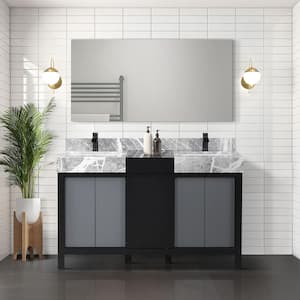 Zilara 55 in x 22 in D Black and Grey Double Bath Vanity, Castle Grey Marble Top, Matte Black Faucet Set, 53 in Mirror