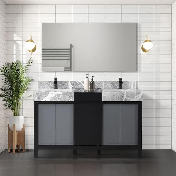 Lexora Zilara 55 in x 22 in D Black and Grey Double Bath Vanity, Castle Grey Marble Top, Matte Black Faucet Set, 53 in Mirror