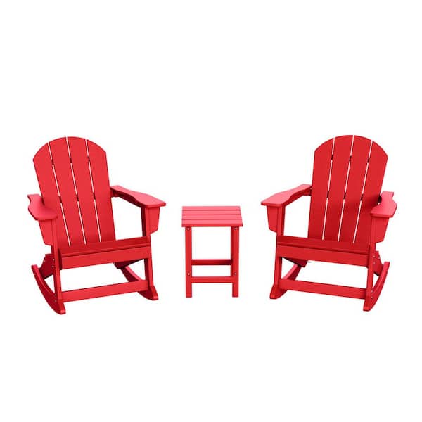 Laguna 3-Piece Fade Resistant Outdoor Patio HDPE Poly Plastic Adirondack Rocking Chairs and Side Table Set, Red