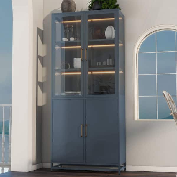 Dark Blue 76.75 in. Accent Cabinet, Pantry Cabinet with Glass Doors and LED Lights, 3-Sided Glass