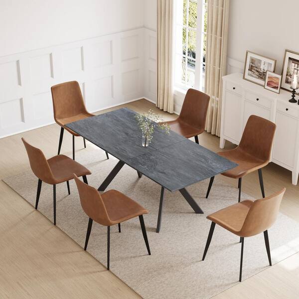 GOJANE 7-Piece White Slate Stone Dining Table Set with Rectangular Table and 6 Beige Dining Chairs