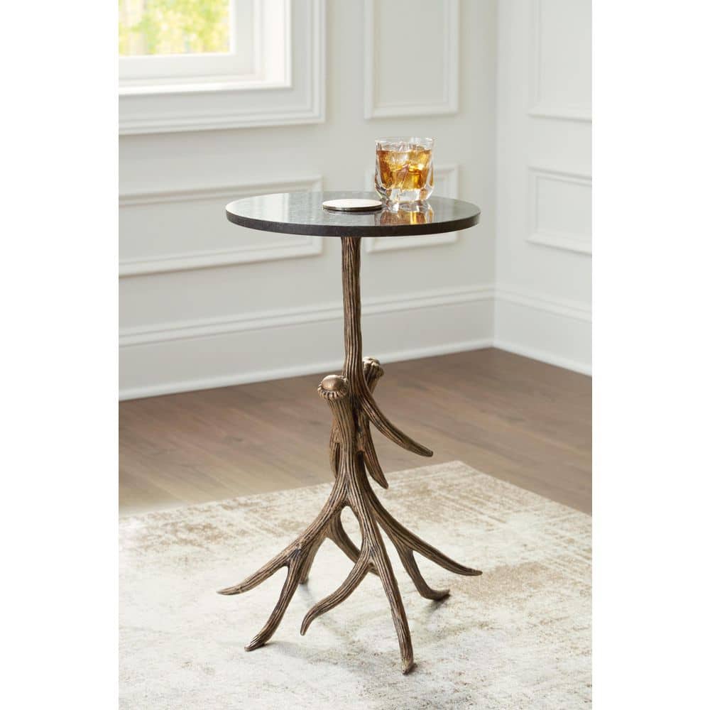 Black Marble and Gold Faux Antler Round Accent Table