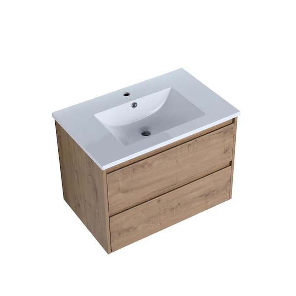 JimsMaison 30 in. W x 18 in. D x 21 in. H Wall Mounted Bath Vanity in Imitative Oak with White Cultured Marble Top
