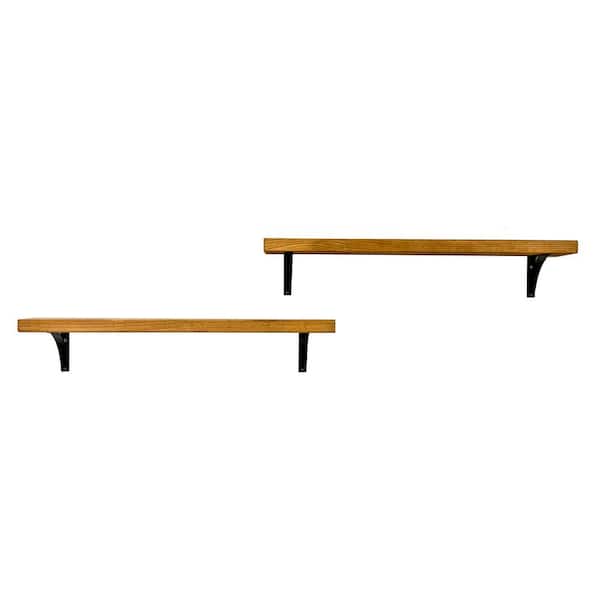 Intrinsic Haven Industrial Grace 32 in. W x 5.5 in. D Light Brown Pine Wood (Set of 2) Simple Bracket Decorative Wall Shelf