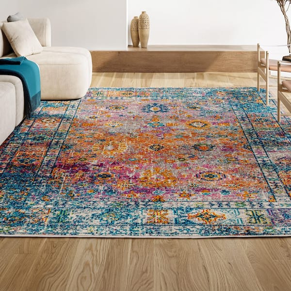 JONATHAN Y Bohemian Flair Boho Vintage Faded Cream/Navy 4 ft. x 6