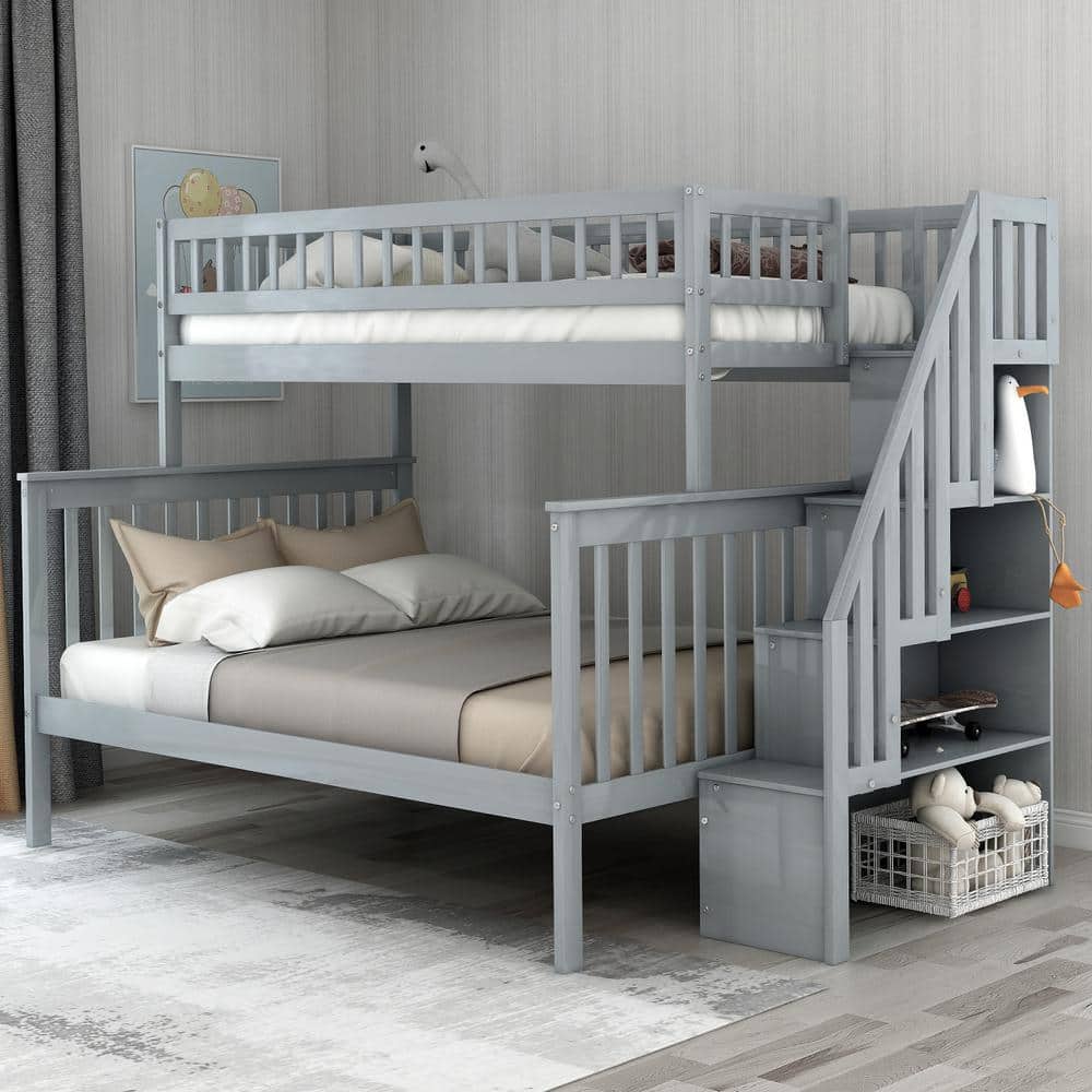 Gray Twin Over Full Stairway Bunk Bed, Gray Twin Over Full Bunk Bed With Stairs And Storage