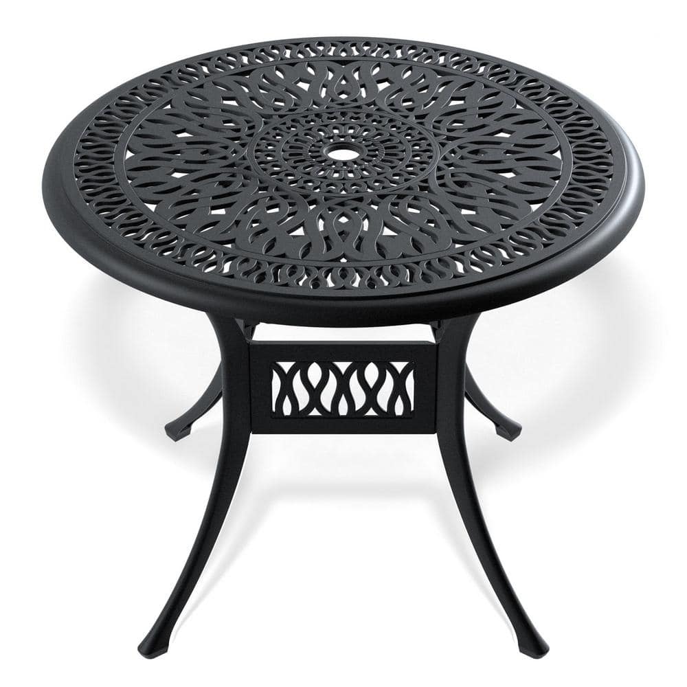 Black Round Cast Aluminum Outdoor Dining Table with Umbrella Hole