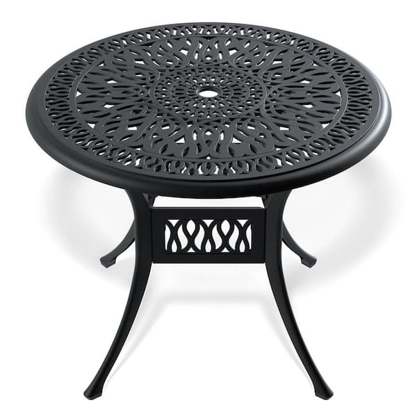 Tidoin Black Round Cast Aluminum Outdoor Dining Table with Umbrella Hole