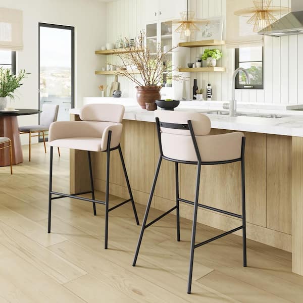 ZUO Bremor 29.7 in. Solid Back Beige Wood Frame Barstool with 100% Polyester Seat