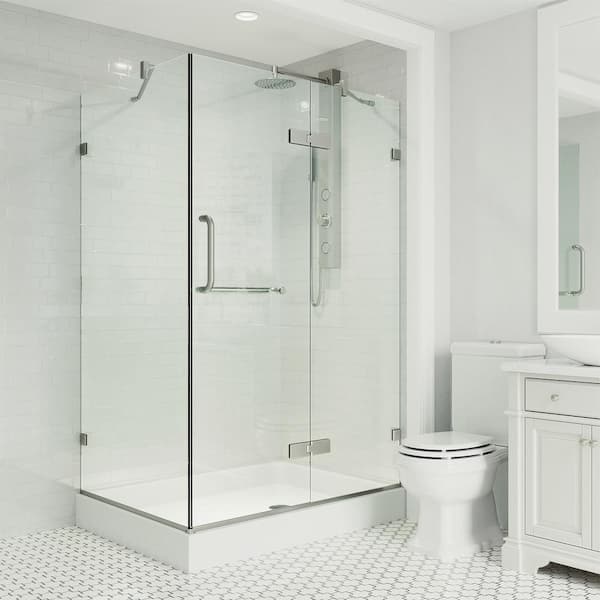 VIGO Monteray 36 in. L x 48 in. W x 79 in. H Frameless Pivot Shower Enclosure Kit in Brushed Nickel with 3/8 in. Clear Glass