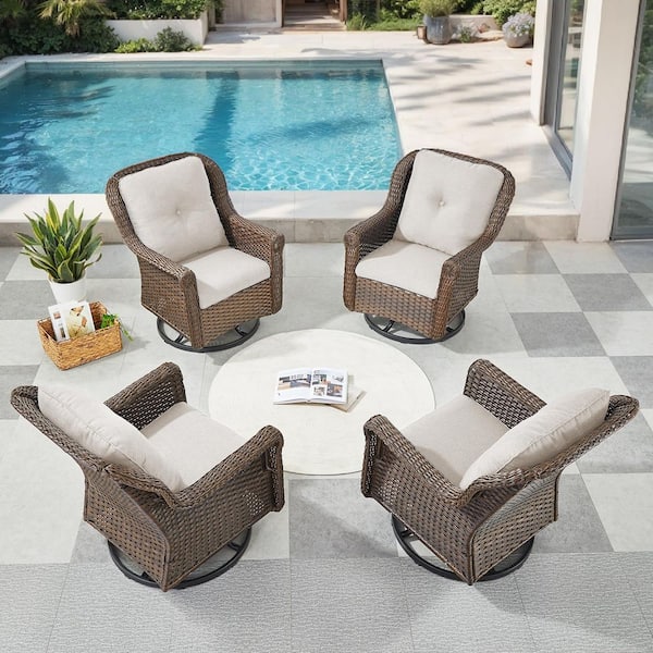 Jura 4-Piece Brown Wicker Outdoor Rocking Chair Patio Furniture Swivel Glider Set Deep Seating with Beige Cushions