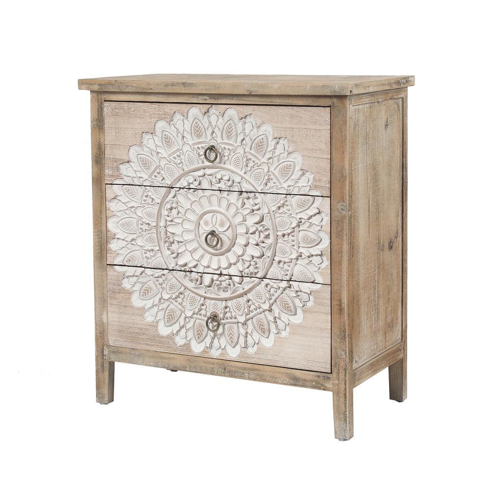 Whitewashed Carved Medallion 3-Drawer Accent Chest in Natural Wood