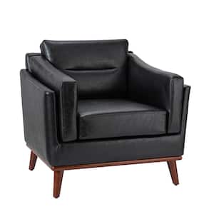 Ignace Mid-Century Leather Upholstered Black Sofa Arm Chair with Solid Wood Leg
