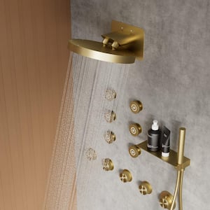 15-Spray 13 in. Wall Mount Dual Shower Head and Handheld Shower with 6-Jets in Brushed Gold (Valve Included)