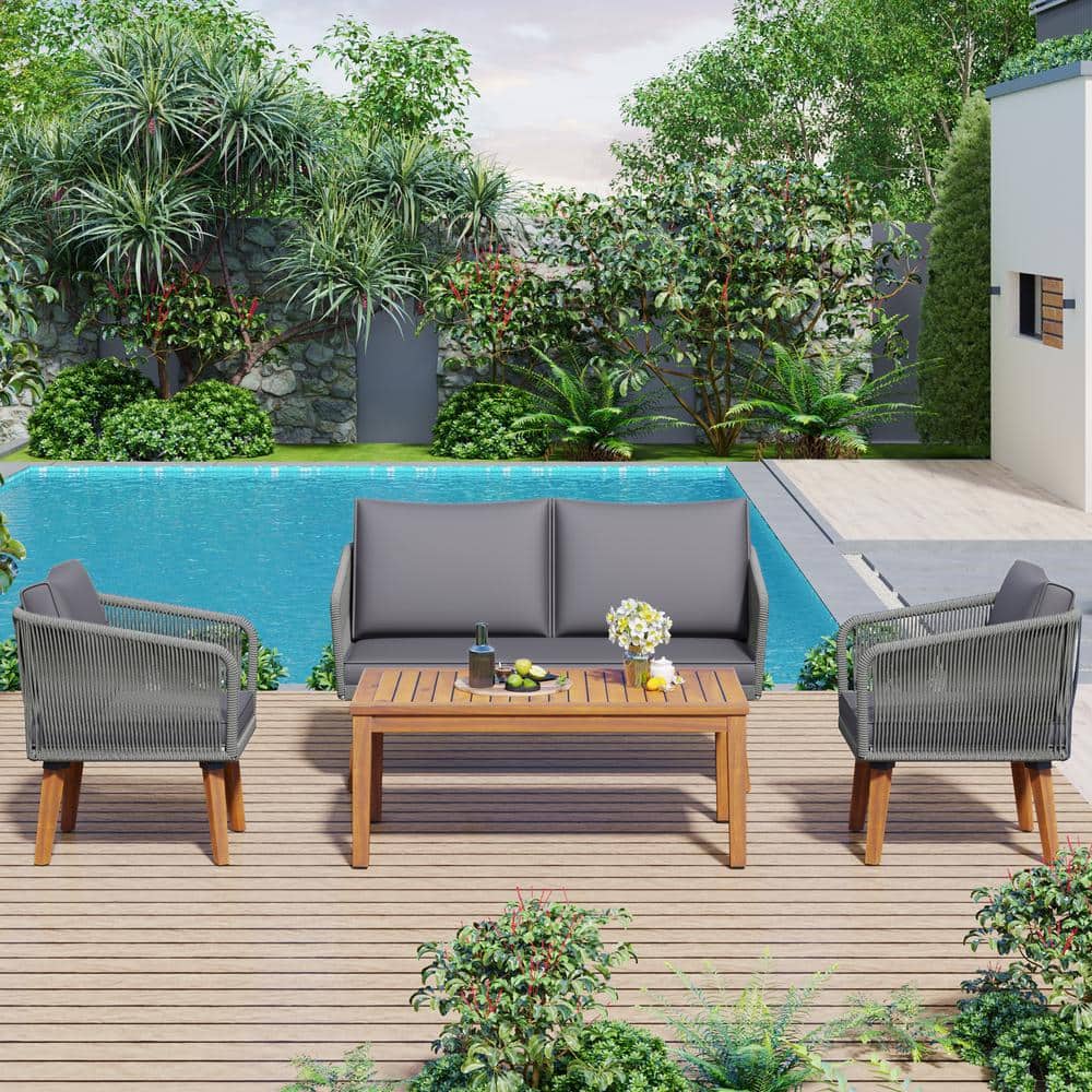 4-Piece Rattan Wicker Outdoor Patio Conversation Set with Dark Grey Cushion