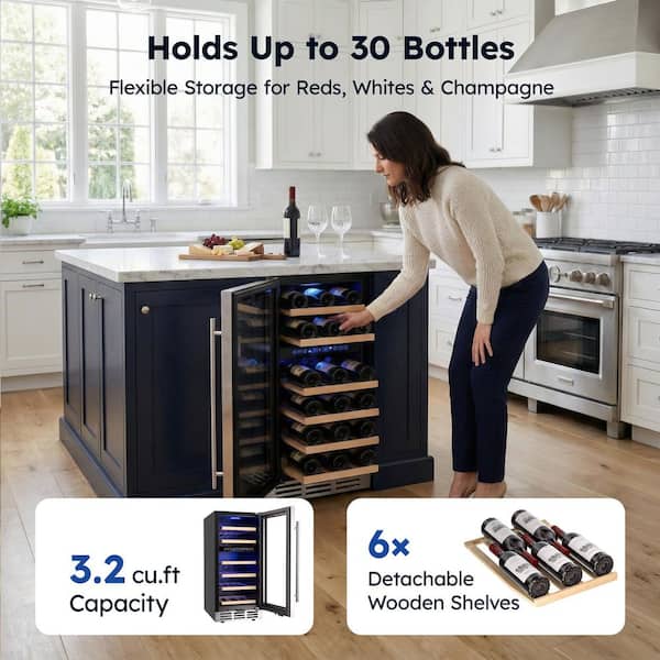Cellar Cooling Unit 15 in. Digital Control 30-Wine Bottles Wine Cooler in Black, Dual Zone with 6-Adjustable Shelves