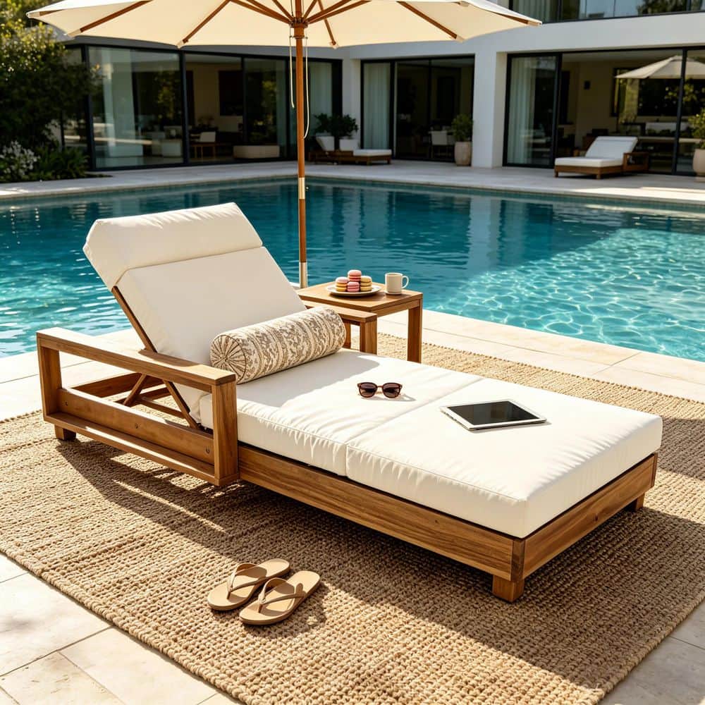 Fox Light Natural Acacia Wood Outdoor Patio Chaise Lounge with Beige 4-Fold Cushion and Adjustable Backrest price history on PriceWatchPro