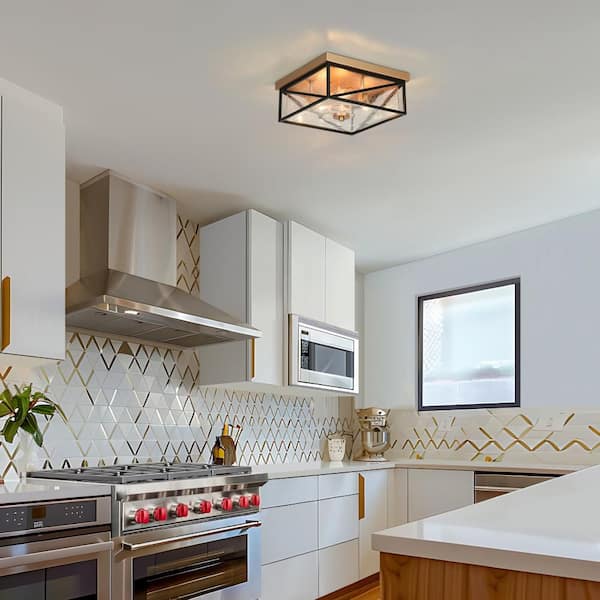 3-Light Dark Gold Flush Mount Light with Square Seeded Glass Panels, 12 in. Modern Flat Black Ceiling Light for Entryway