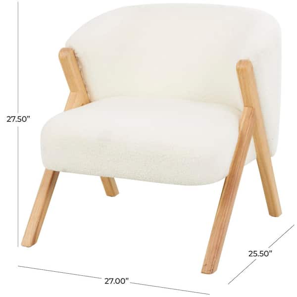 White Rounded Boucle Polyester Accent Chair with Angled Wooden Legs