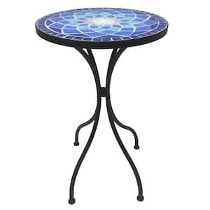 14 in. Round Blue Mosaic Outdoor Side Table with Concrete Tile Top
