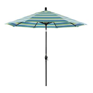9 ft. Black Aluminum Pole Market Aluminum Ribs Push Tilt Crank Lift Patio Umbrella in Seville Seaside Sunbrella