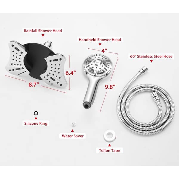 2-Piece High Pressure Rainfall Shower Heads and Handheld Shower Head in Silver with 9-Spray Modes and 60 in. Hose