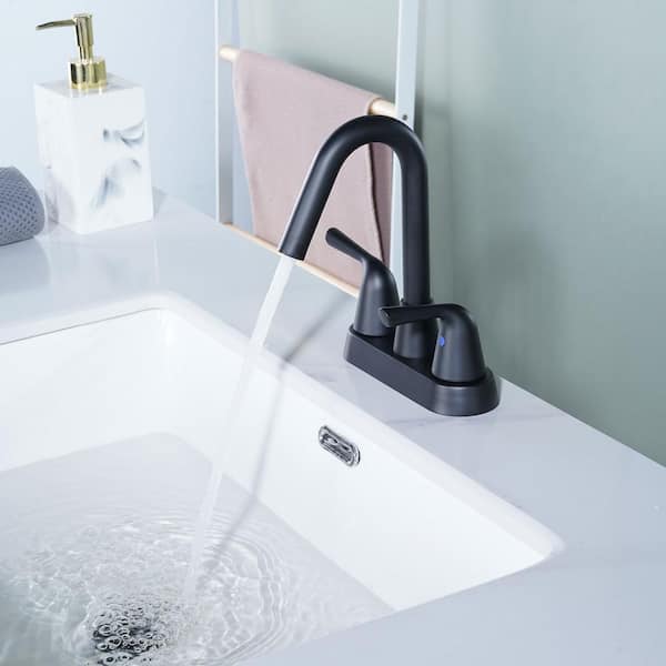 4 in. Centerset Double Handle High Arc Bathroom Faucet with Pop Up Drain Kit and 360° Swivel Spout in Matte Black