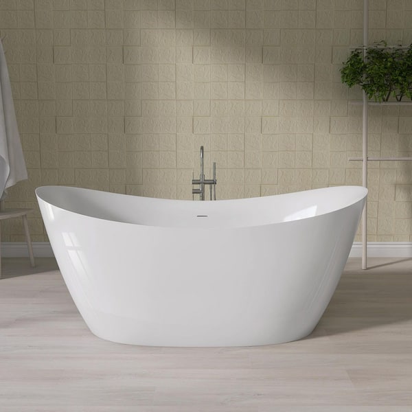 59 in. x 29.5 in. Acrylic Soaking Tub Flatbottom Free Standing Bathtub Chrome Anti-Clogging Drain in Glossy White